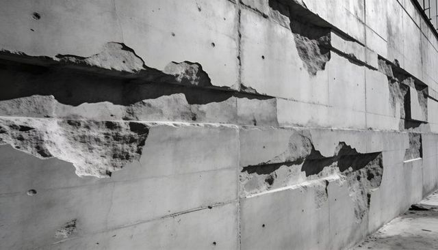 Weathered Concrete Wall Showing Spalled Bands, Exposed Form-Tie Holes and Harsh Texture
