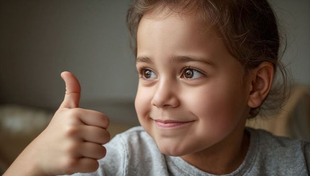 Confident smiling girl giving thumbs up closeup portrait expressing positivity and approval