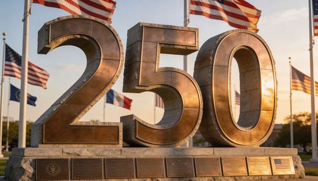 Bronze 250 monument reflecting warm sunset light on memorial lawn with american flags