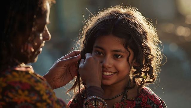 Mother braiding child's hair in warm village setting at golden hour
