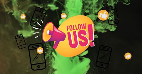 Social media engagement invitation design with green liquid background