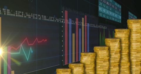 Stacked Gold Coins with Digital Financial Charts