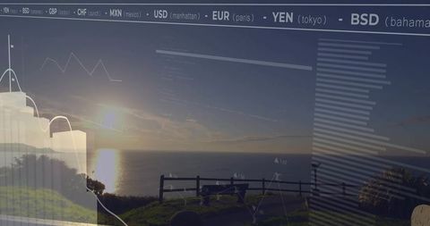Sunset Scenic Landscape Blending with Financial Data Overlay