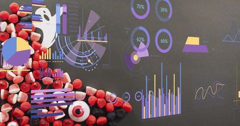 Bold candy cluster with purple data visualization overlay on dark background for marketing