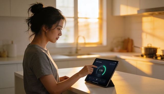 Asian woman tapping tablet timer at sunlit modern kitchen island, minimalist lifestyle