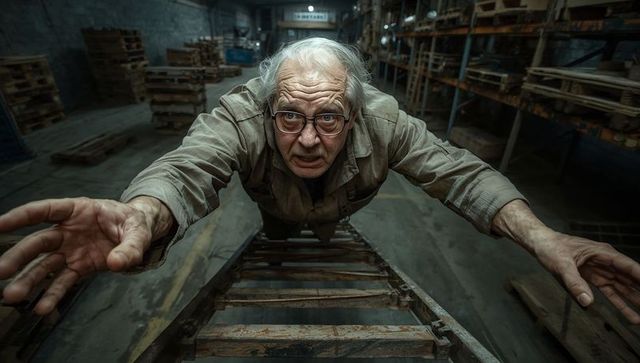 Senior Man Climbing Ladder in Warehouse Setting