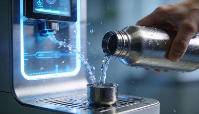 Pouring stainless steel bottle into small cup at smart water dispenser with blue led glow