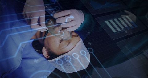 Medical Professional Giving Oxygen to Patient with Digital Interface Overlay