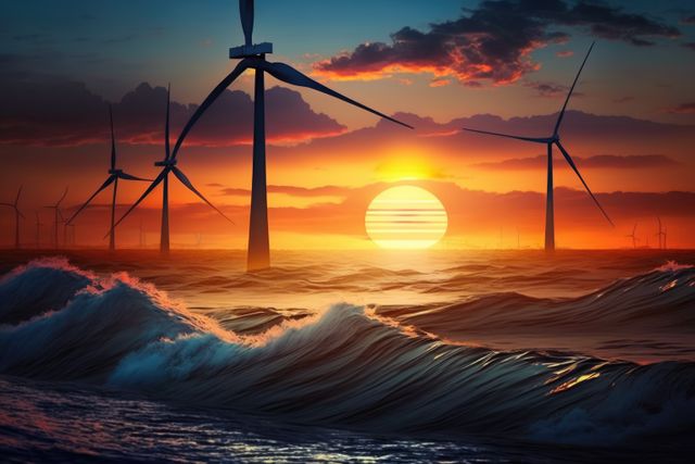 Offshore wind turbines generate renewable energy at sunset with ocean waves in the foreground and a dramatic sky. This image conveys themes of sustainable energy, clean power, and environmental conservation. Perfect to use in articles or presentations on renewable energy, sustainable practices, or environmental conservation. Ideal for websites, brochures, and promotional material related to green energy solutions.