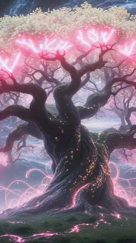 Vertical fantasy tree channeling pulsing pink energy in misty enchanted forest, looping