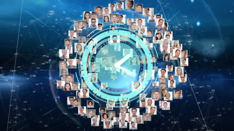 Global Network Concept with Digital Clock and User Photos