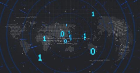 Global Cybersecurity Radar with Binary Data and Futuristic HUD for Network Monitoring