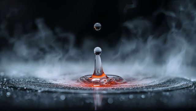 Forming water droplet and liquid column with red glow, mist and ripples on dark background