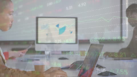 Colleagues Collaborating with Stock Market Visualization Overlays