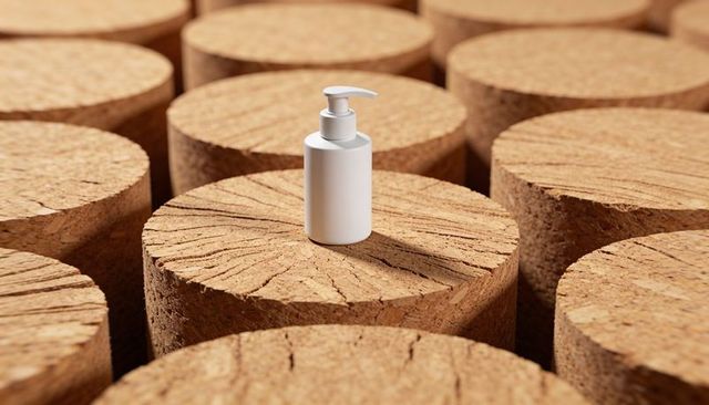 Minimalist white pump dispenser on cork cylinder grid highlighting natural radial texture
