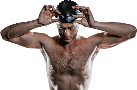 Competitive swimmer holding transparent goggles with focused expression