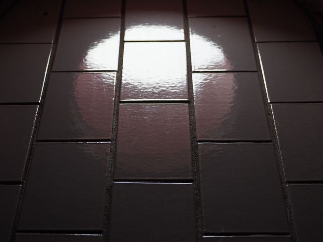 Glazed tiles reflecting light in a dimly lit area. Can be used to illustrate interior design, flooring options, architectural elements, home improvement, or material textures. Suitable for catalogs, home décor websites, and design magazines.