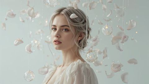 Ethereal blonde beautiful lady model surrounded by petals and lit orbs