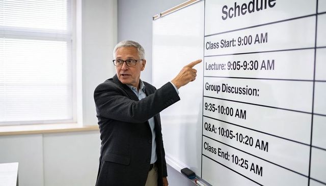 Senior instructor pointing at classroom schedule on whiteboard during training session