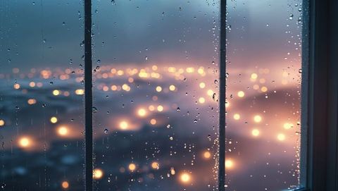 Glistening Raindrops on Window at Twilight with City Bokeh
