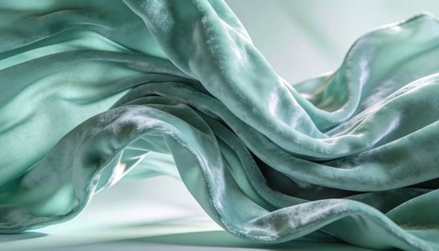 Flowing teal satin fabric creating soft layered folds and lustrous rippling texture