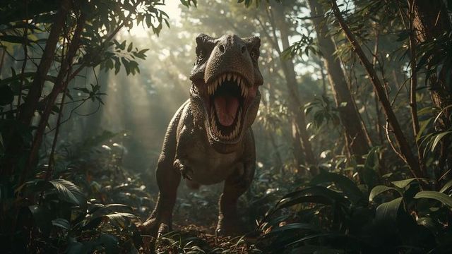 Roaring tyrannosaurus rex in dense primeval jungle habitat