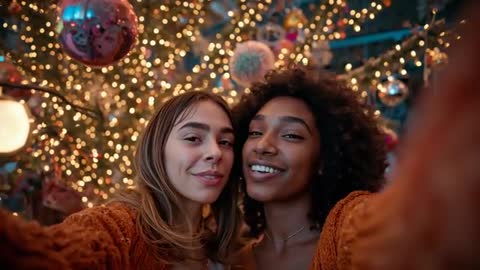 Two Friends Taking Selfie in Front of Festive Christmas Tree