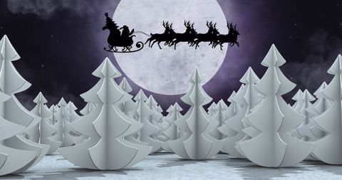 Santa sleigh silhouette over moonlit winter forest