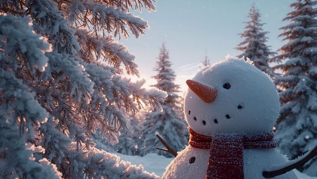 Snowman in frosty winter woodland dawn scene with red scarf