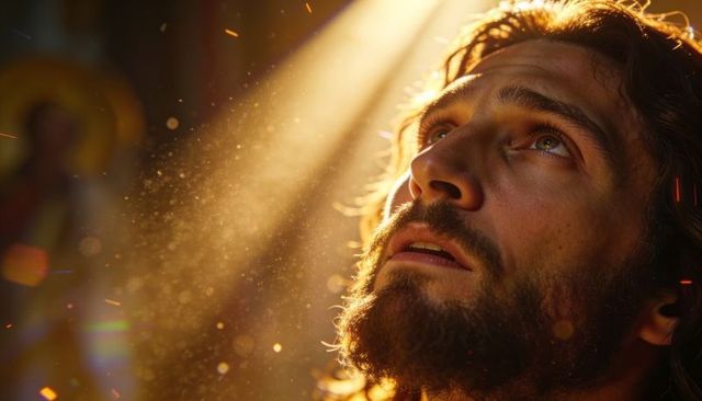 Gazing middle-eastern bearded man bathed in golden light with dust particles and bokeh