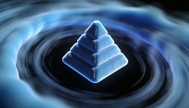 Glowing tiered pyramid floating above dark vortex with cyan mist and futuristic light