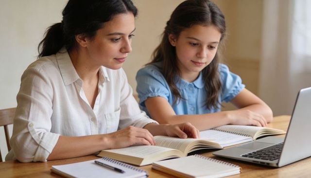 Mother tutoring daughter studying at home with laptop and textbooks, focused learning moment
