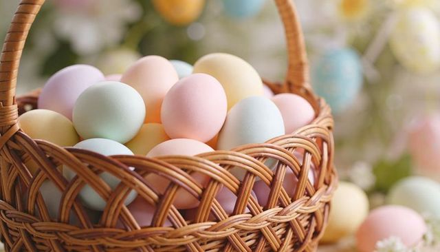 Wicker basket holding pastel easter eggs with soft spring bokeh and floral accents