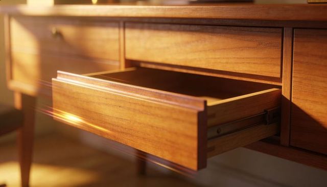 Mid-century wooden desk drawer opening with dovetail joinery and sunlight flare
