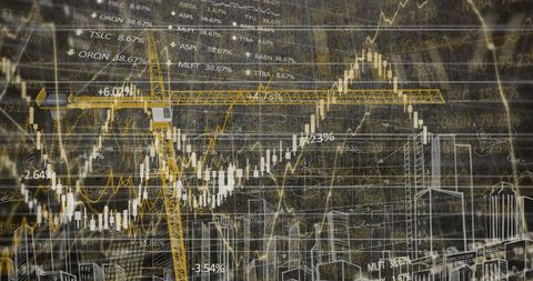Financial data blended with urban cityscape and construction crane