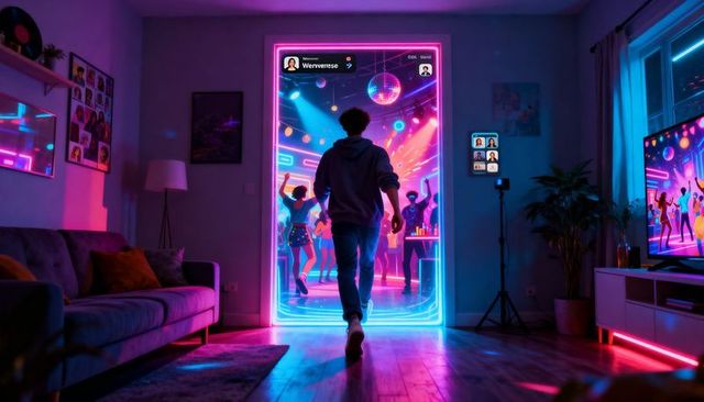 Man walking through neon portal from apartment living room into vibrant nightclub dance party