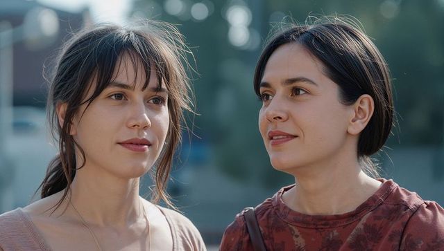 Two Young Women Chatting Outdoors Close-Up Portrait Showing Warm Friendship and Connection