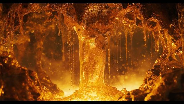 Fiery molten column inside intense furnace environment