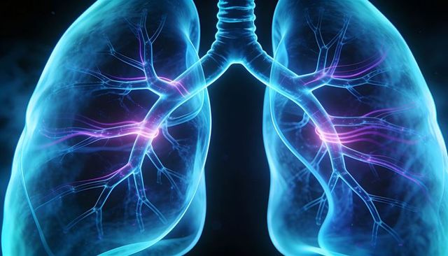 Neon Blue Lungs with Illuminated Bronchial Tree and Trachea Medical Illustration