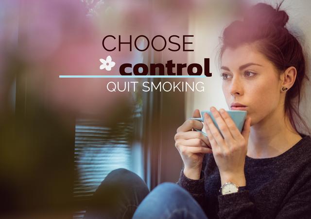 Digital composition of quit smoking message with woman having coffee in background