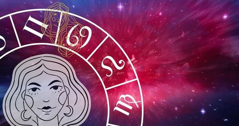 Virgo in zodiac circle over cosmic background