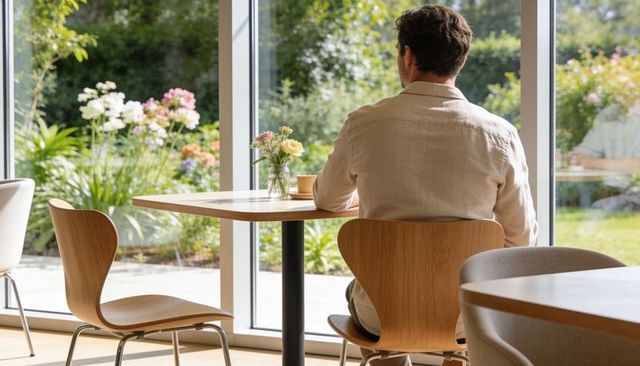 Man in linen shirt gazing at sunlit garden through cafe window minimalist wooden interior