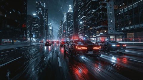 Breaking news: high-speed police pursuit on rainy neon-lit city street