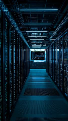 Gliding Down Data Center Aisle Highlighting Blinking Server LEDs and Blue Ambient Lighting