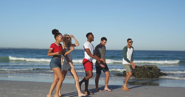 Diverse Group of Friends Walking Along Beach in Summer - Download Free Stock Images Pikwizard.com