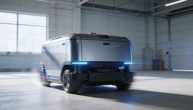 Autonomous delivery robot rolling in warehouse with blue led motion lights for logistics