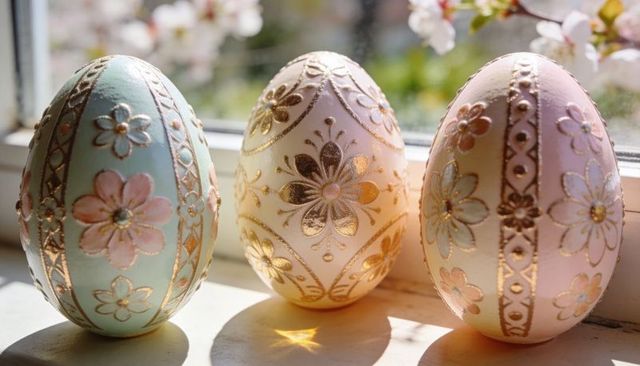 Gilded pastel easter eggs sitting on sunny windowsill with floral filigree and gem accents