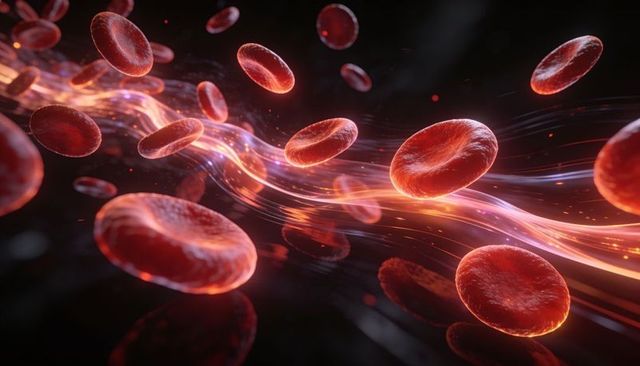 Flowing red blood cells with glowing plasma ribbon and dynamic microvessel particle trails