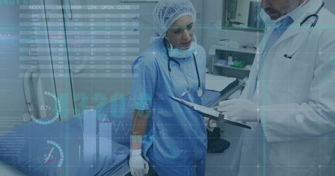 Clinicians reviewing patient data at bedside with futuristic medical hud overlay