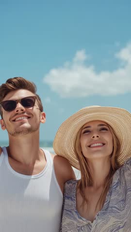 Vertical video: couple enjoying sunny beach, smiling under straw hat, romantic summer